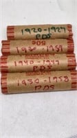 (4) rolls of wheat pennies 1920-1959
