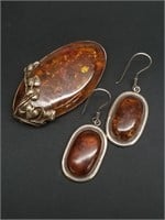 Amber and Silver Earrings with Amber Brooch