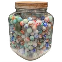LARGE OLD STORE JAR FULL OF ALLEY AGATE MARBLES
