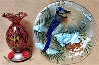 ART GLASS HUMMINGBIRD FEEDER & BLUE JAY PLATE