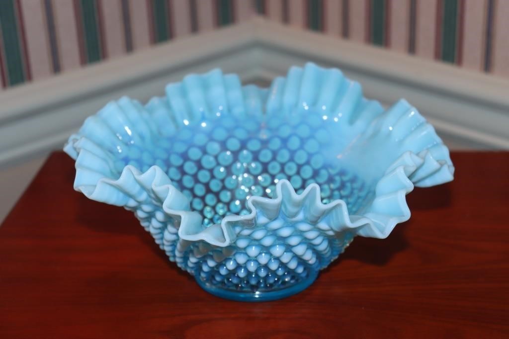 Fenton blue hobnail opalescent bowl with ruffled