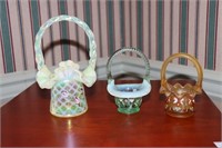3 Fenton glass baskets one signed by maker D.