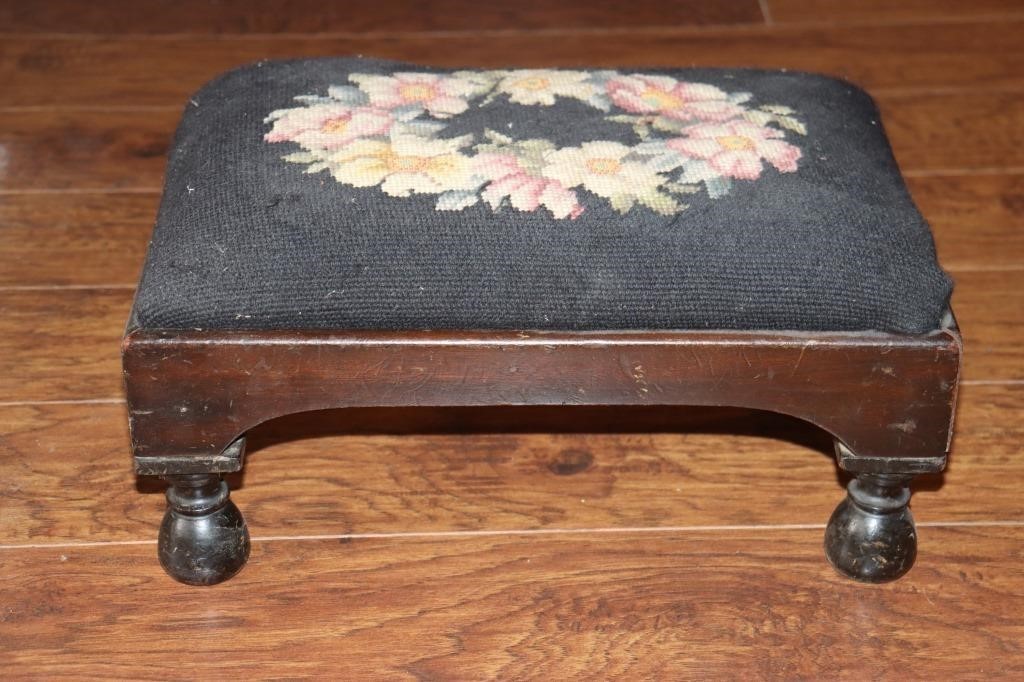 Victorian footstool with floral needlepoint top