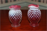 Fenton cranberry opalescent hobnail bud vases