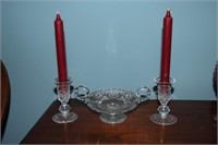 Waterford candlesticks and a cut glass candy