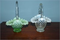 2 Glass baskets - green hobnail opalescent and