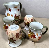 Longaberger fall foliage pottery pitcher & mugs