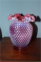Fenton cranberry opalescent hobnail vase with