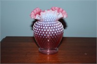 Fenton cranberry hobnail opalescent vase with