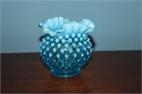 Fenton blue hobnail opalescent vase with ruffled