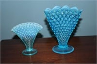 2 Fenton blue hobnail opalescent fan vases