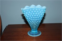 Fenton blue hobnail opalescent fan vase
