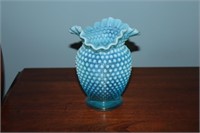 Fenton blue hobnail opalescent vase with ruffled