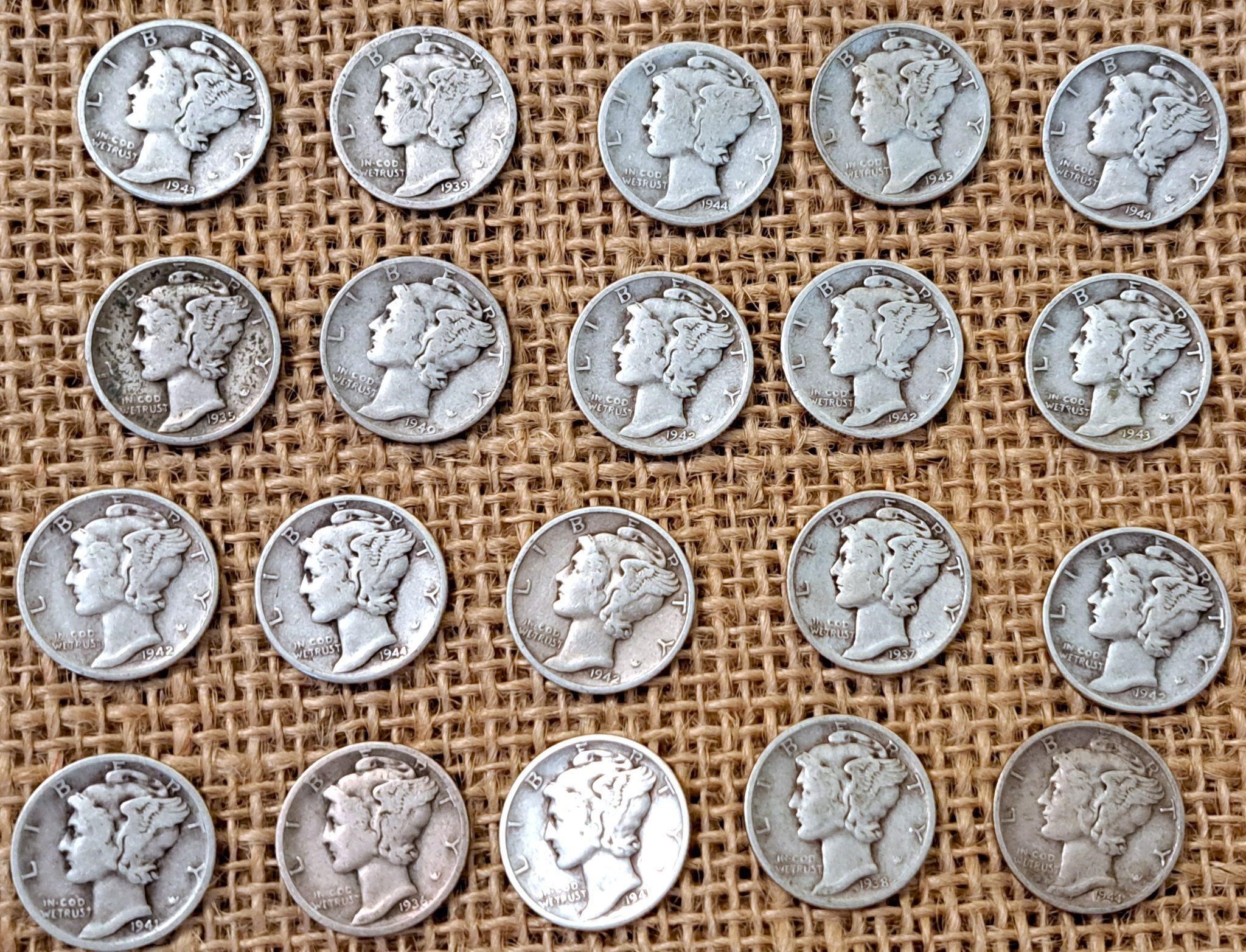 20 ASSORTED MERCURY SILVER DIMES US COINS