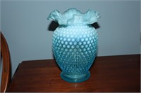 Fenton blue hobnail opalescent vase with ruffled