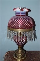 Fenton cranberry opalescent hobnail parlor lamp