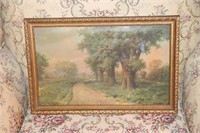 Antique picture of trees, dirt road, house and