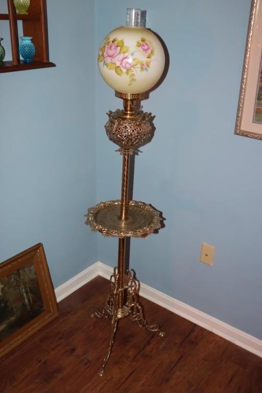 Brass piano/parlor lamp with floral decorated