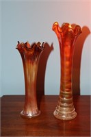 2 Carnival glass vases one is marigold ribbed