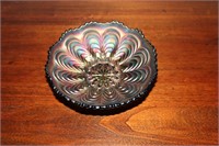 Carnival glass peacock tail candy dish