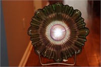 Carnival glass ruffled edge green bowl with stand