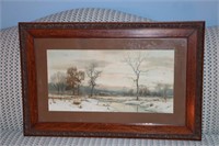 Winter scene picture with hunter and home signed