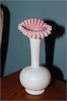 Milk glass and pink ruffled top vase