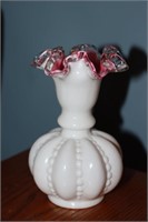 Fenton milk glass with pink silver crest ruffled