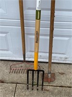 potato fork, rake & hoe