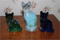 3 Fenton glass cat figurines - 2 hand painted &