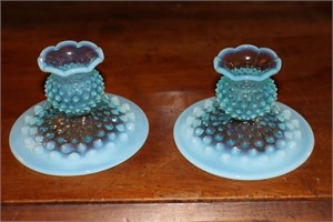 Pair of Fenton blue hobnail opalescent candle
