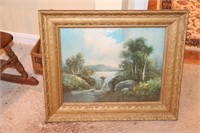 Lot - Framed picture of river and trees, floral