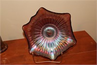 Carnival glass scalloped edge pedestal bowl with