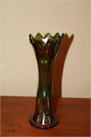 Green Carnival glass vase