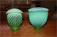 2 Fenton green hobnail and opalescent vases
