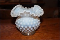 Fenton white hobnail and opalescent ruffled top