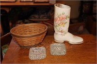Longaberger small oval basket, porcelain boot and