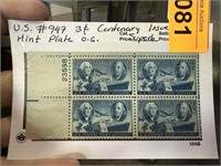 #947 3C CENTENARY ISSUE MINT PLATE OG STAMP BLOCK