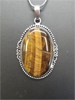 Tiger Eye Pendant and Chain, German Silver