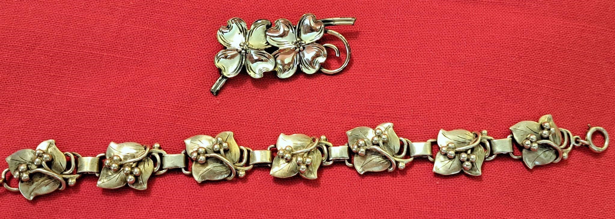 STERLING BEAU FLOWER BROOCH PIN & PLATED BRACELET