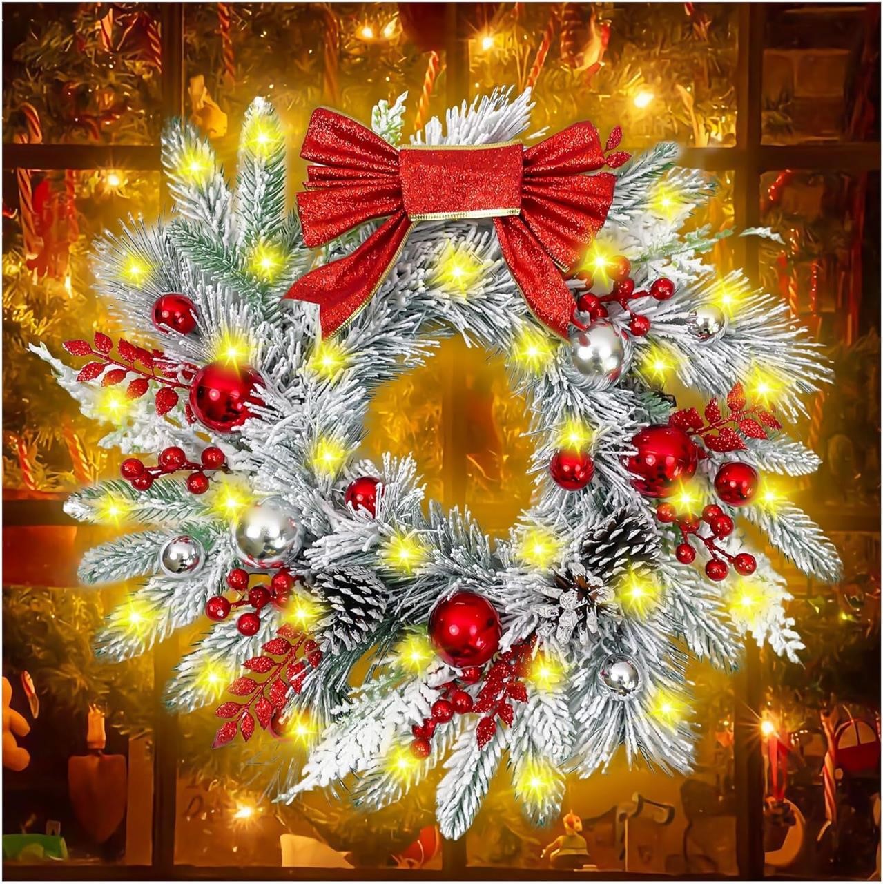 20IN Christmas Wreath with Lights  Bowknot