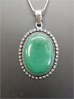 Green Onyx Pendant and Chain, German Silver