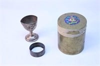 Brass Container, Goblet Napkin Ring Lot