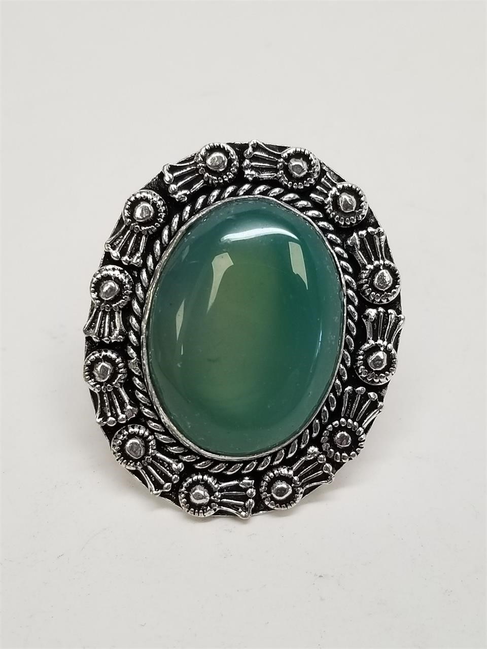 Green Onyx Ring, German Silver