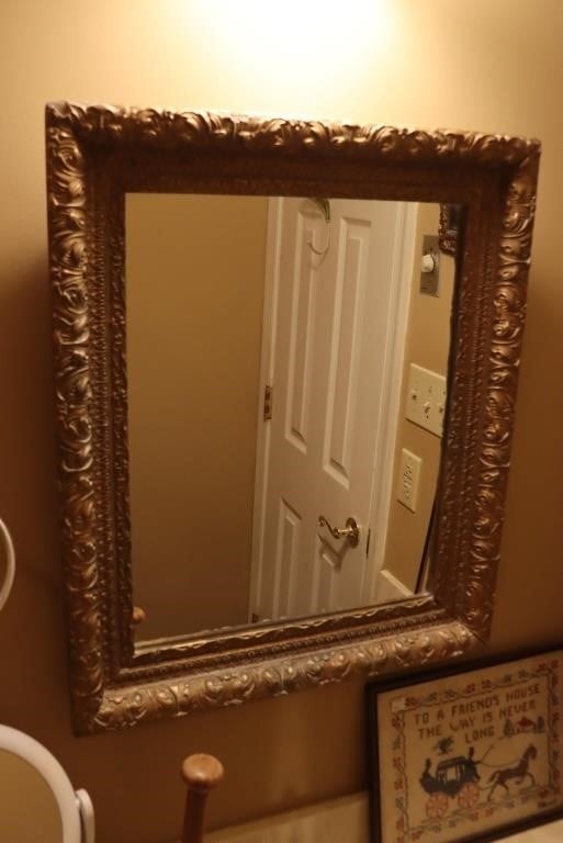 Gold framed mirror, 3 framed pictures 2 are women