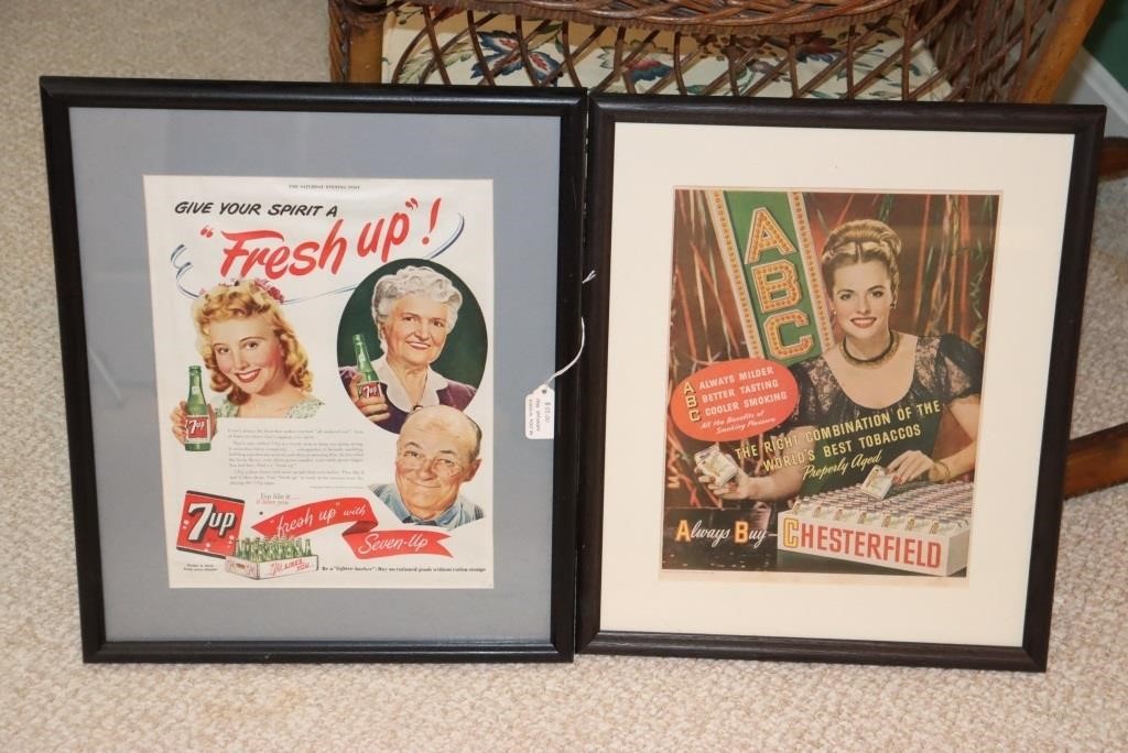 2 Framed advertisements 1 7up (possibly 1944