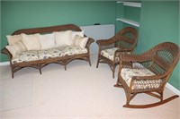 Wicker sofa and 2 chairs with cushions - 1 is a