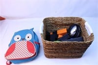 Kids Owl Backpack, Wood Blocks & Basket Lot