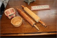 2 Rolling pins, wooden sign, small Longaberger