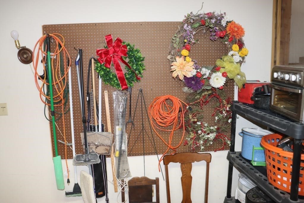 Lot - wreaths, extension cords, oak chairs,